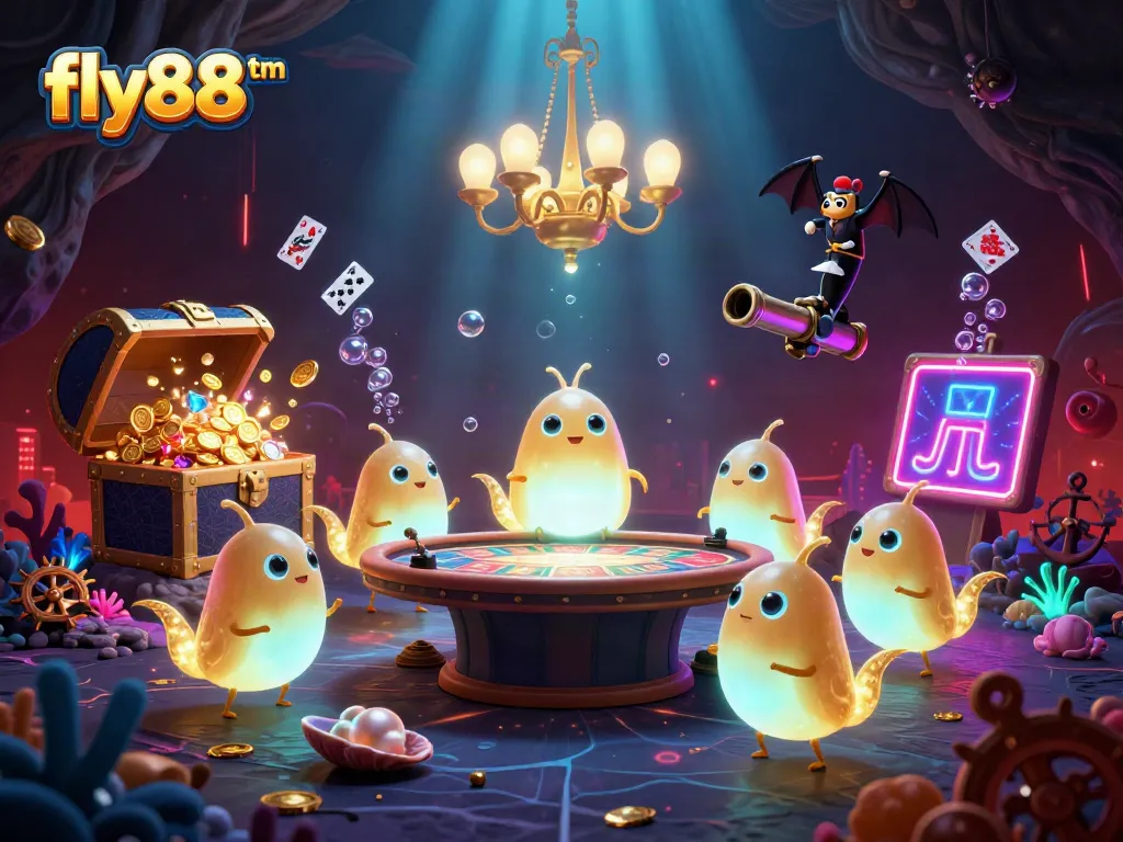 Experience the vibrant glow of fly88tm while playing engaging casino games in our animated scene.