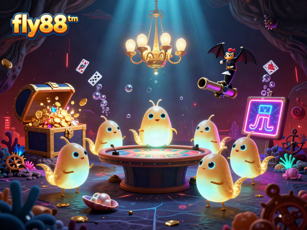 Experience the vibrant glow of fly88tm while playing engaging casino games in our animated scene.