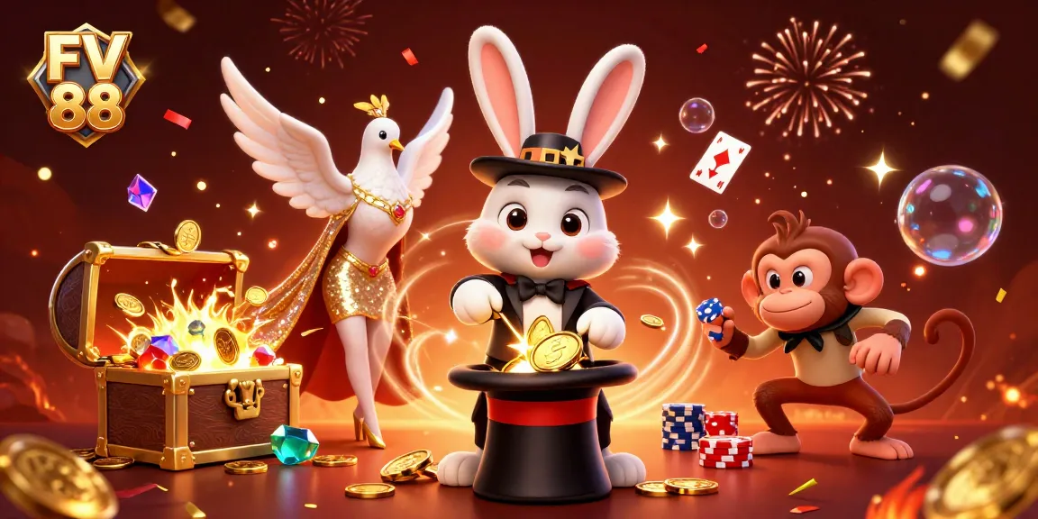 Engage in the thrill of FV 88 with a 3D illustration of a magician rabbit pulling coins in a vibrant casino setting.