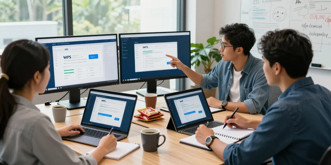 Team discussing WPS Download features in a modern office setting
