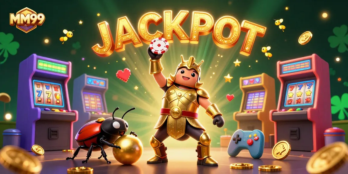 Play big with MM99 in a colorful illustration of a heroic beetle with jackpot lights.