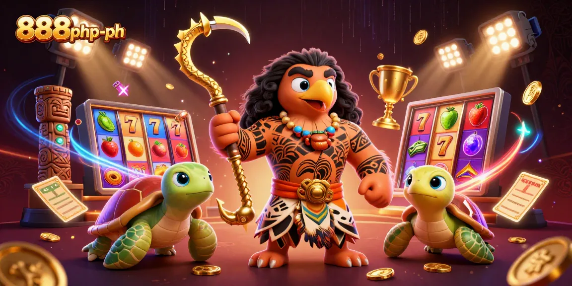 Bet on big wins with 888php-ph as the demigod hawk and turtle navigate a vibrant casino illustrated scene.