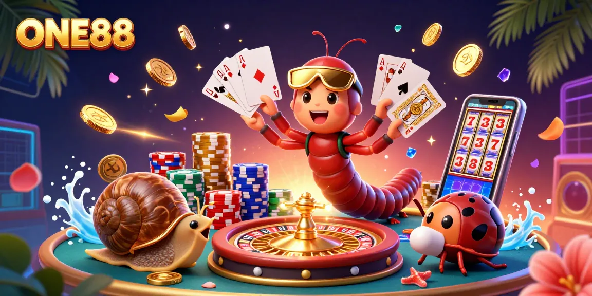 ONE88 casino illustration with a millipede dealer and snail high-roller amidst dynamic gaming elements.