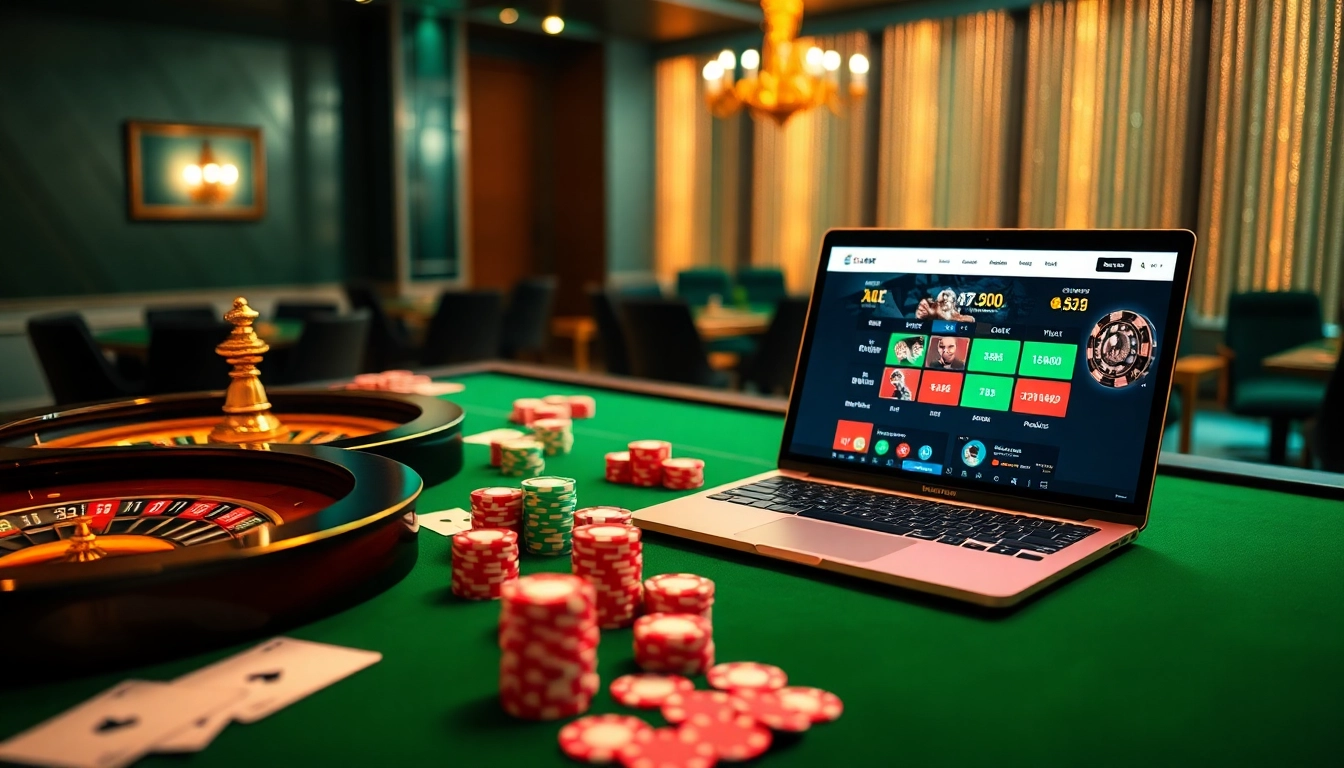 Exciting gambling scene featuring https://f1682.email/ with poker chips and a roulette wheel
