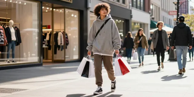Youth in stylish bulk clothing exploring city street while shopping for hurt markowej odzieży.