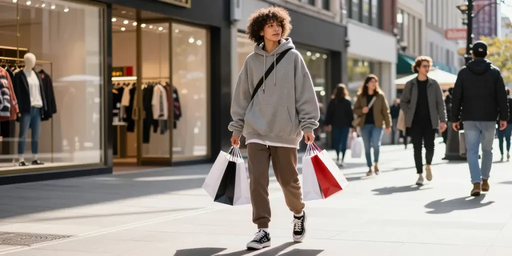 Youth in stylish bulk clothing exploring city street while shopping for hurt markowej odzieży.