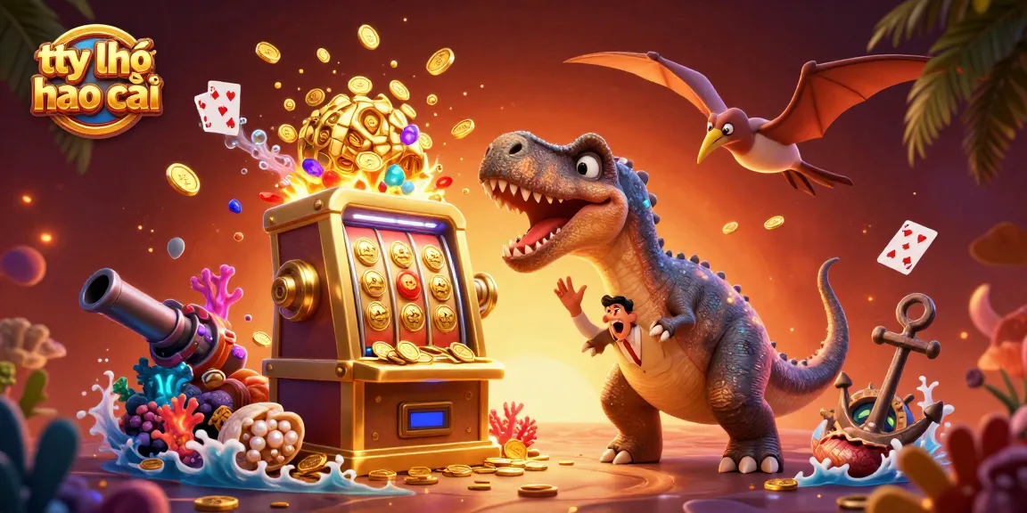Engaging scene of tỷ lệ nhà cái dynamics with dinosaurs and slot machines generating excitement and winning opportunities.
