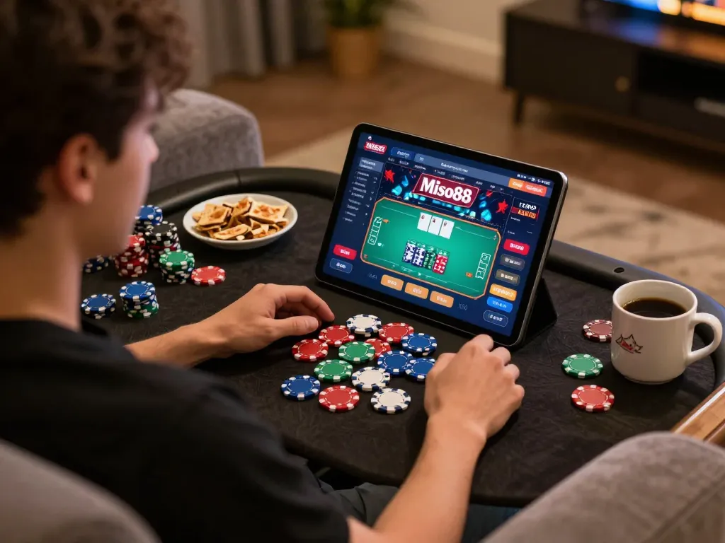 Miso88 player enjoying a poker game on a tablet, showcasing a vibrant and engaging online casino experience.