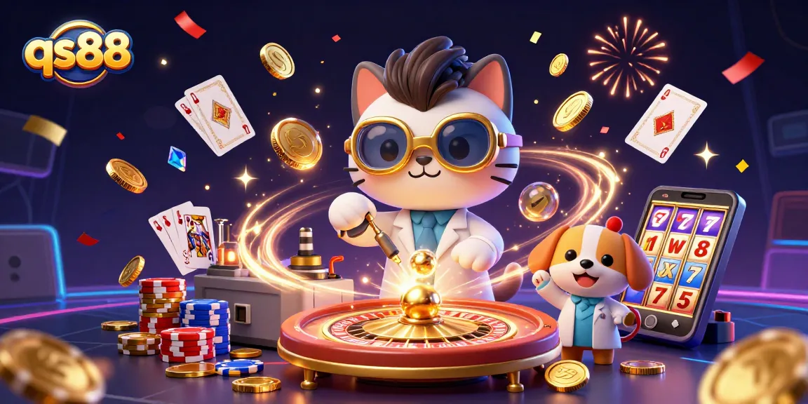 Win big with qs88 in vibrant 3D casino scene featuring a mad scientist cat and dog assistant.