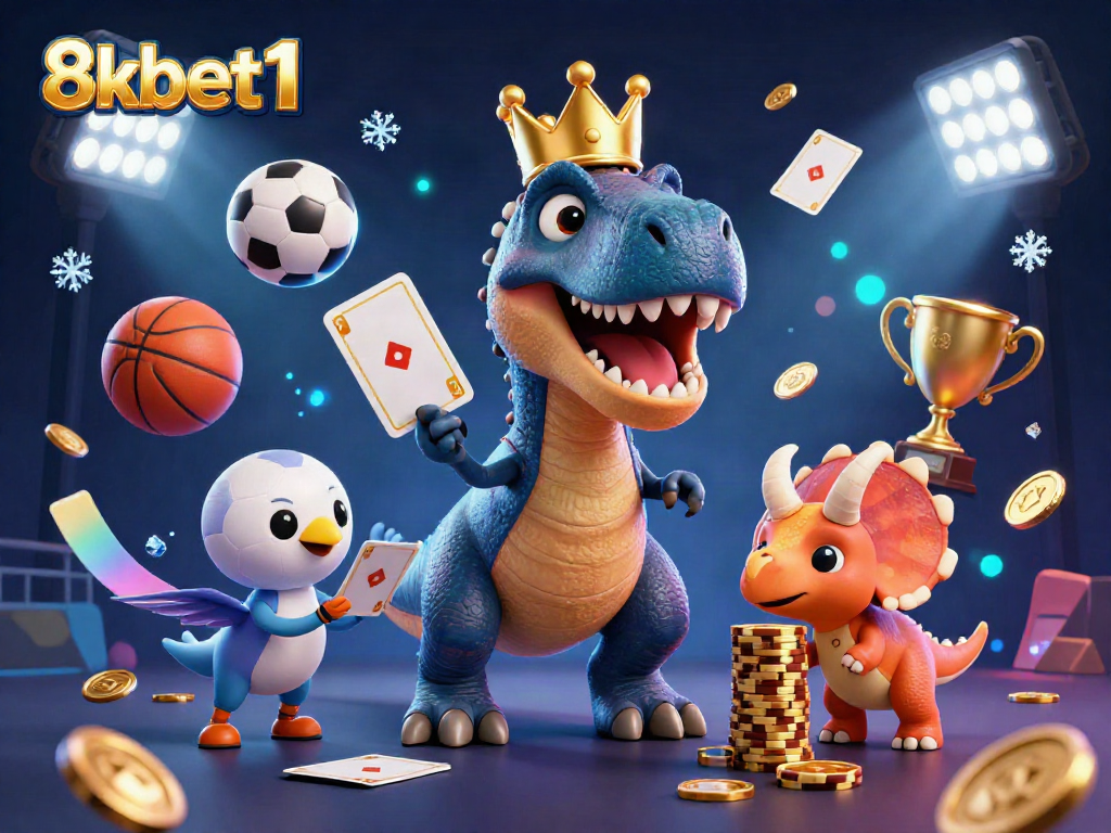 Engaging 3D illustration depicting 8xbet1's exciting casino atmosphere with a T-Rex, pterodactyl, and triceratops.