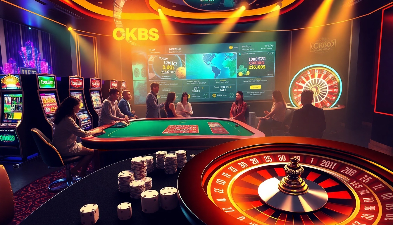 Engaged players enjoying a thrilling game at https://ok365.tw/ with vibrant slots and poker chips.