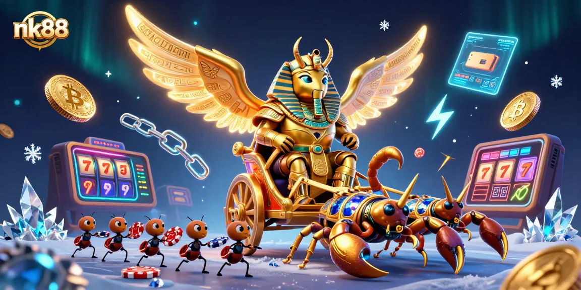 Experience thrilling nk88 slot action with a golden scarab beetle and dynamic casino elements.