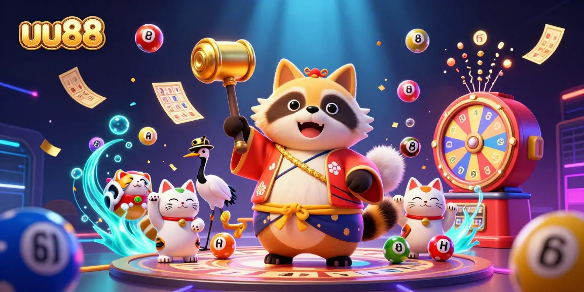 Experience the excitement of uu88 with colorful lottery games and cheerful characters in a dynamic casino scene.
