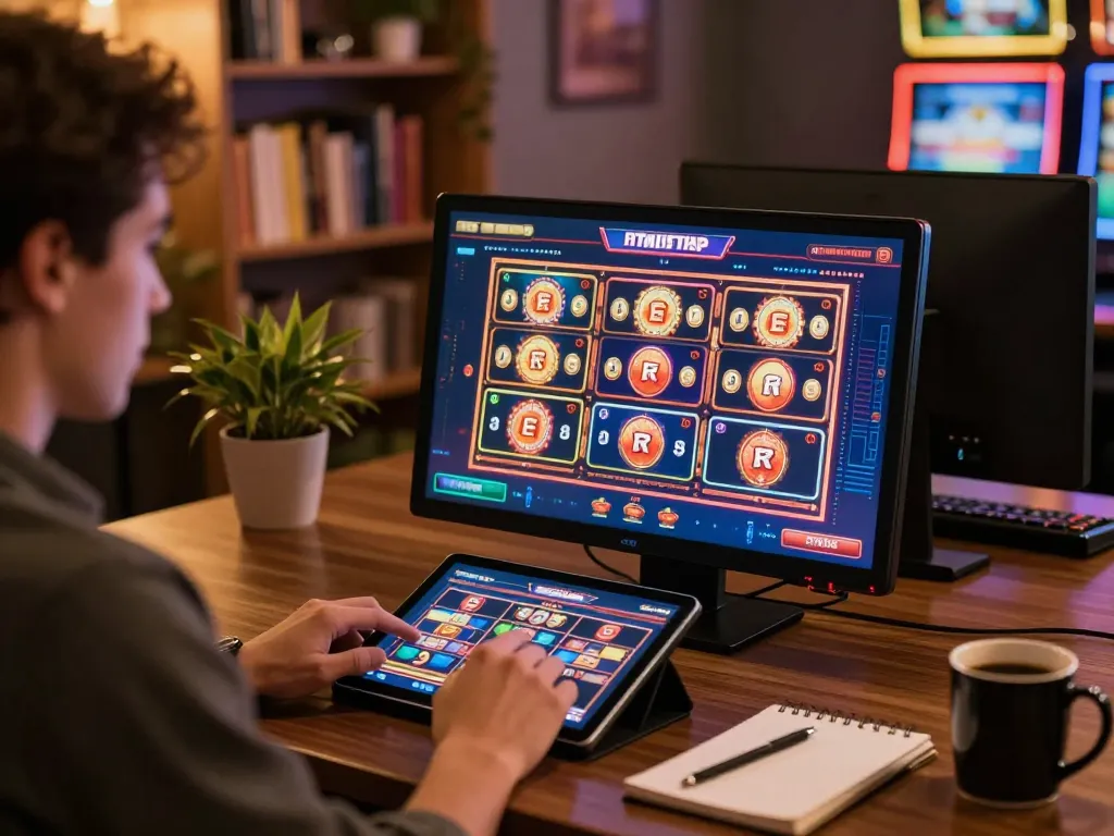 Engaged player strategizing on go8 online casino with vibrant slot interfaces.