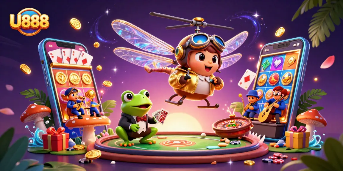 Experience U888 with a dragonfly pilot and frog croupier amidst an enchanting casino scene.