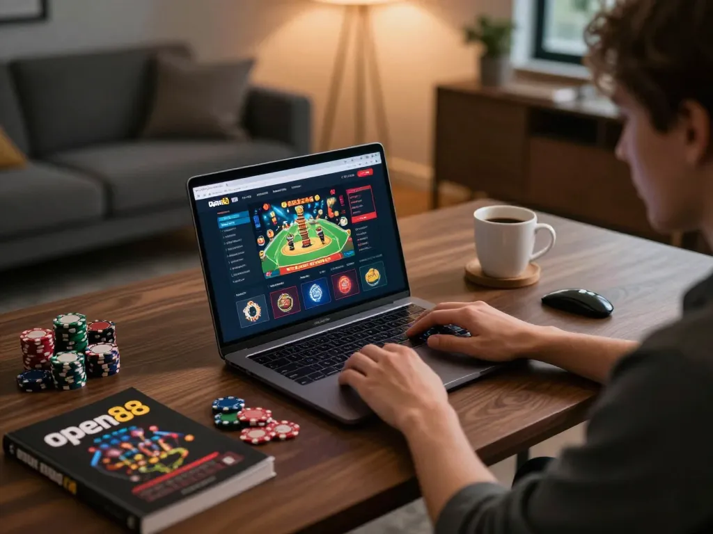 Person playing on open88 platform with engaging casino game interface in cozy home office