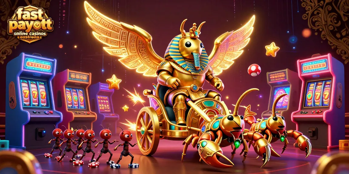 Play at fast payout online casinos Australia with vibrant characters and casino elements.