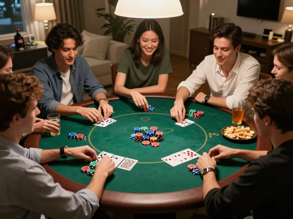 S666 poker players engaged in an exciting home game night, showcasing friendly competition and strategic gameplay.
