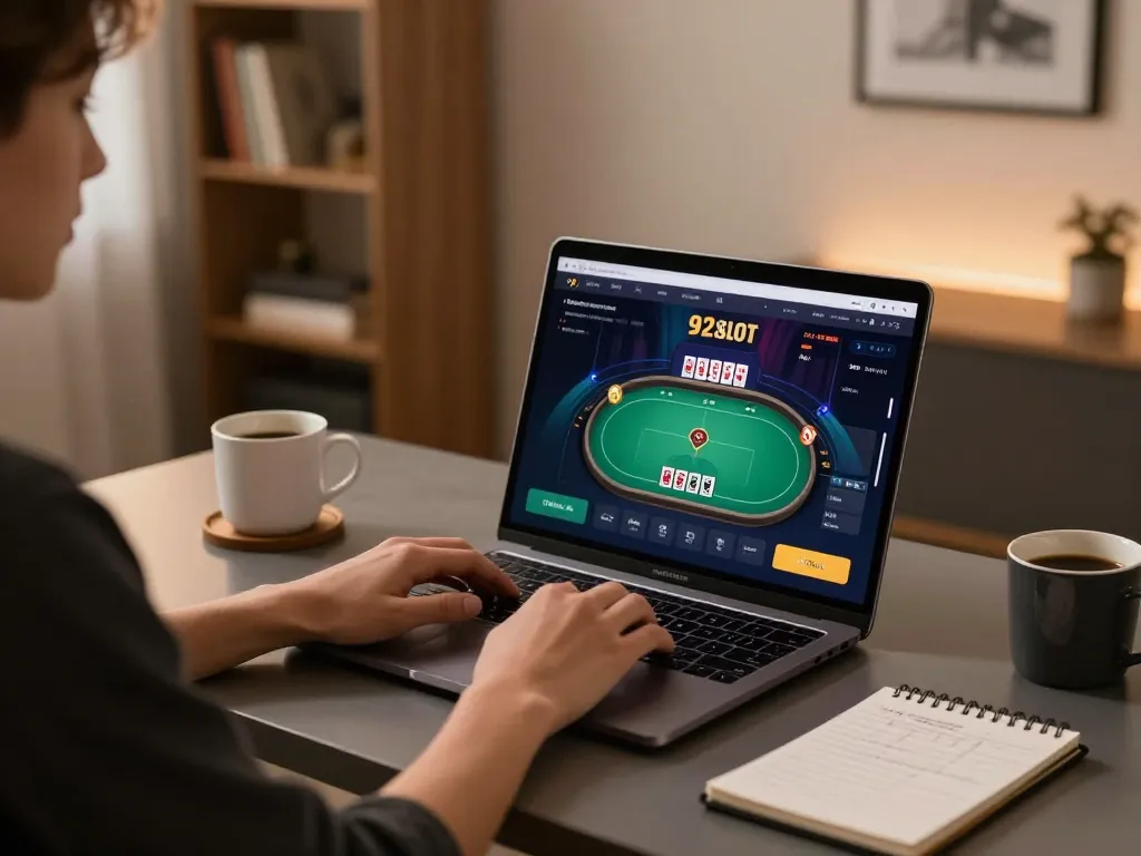 Engaging with 92slot online poker game at a stylish home office setup.