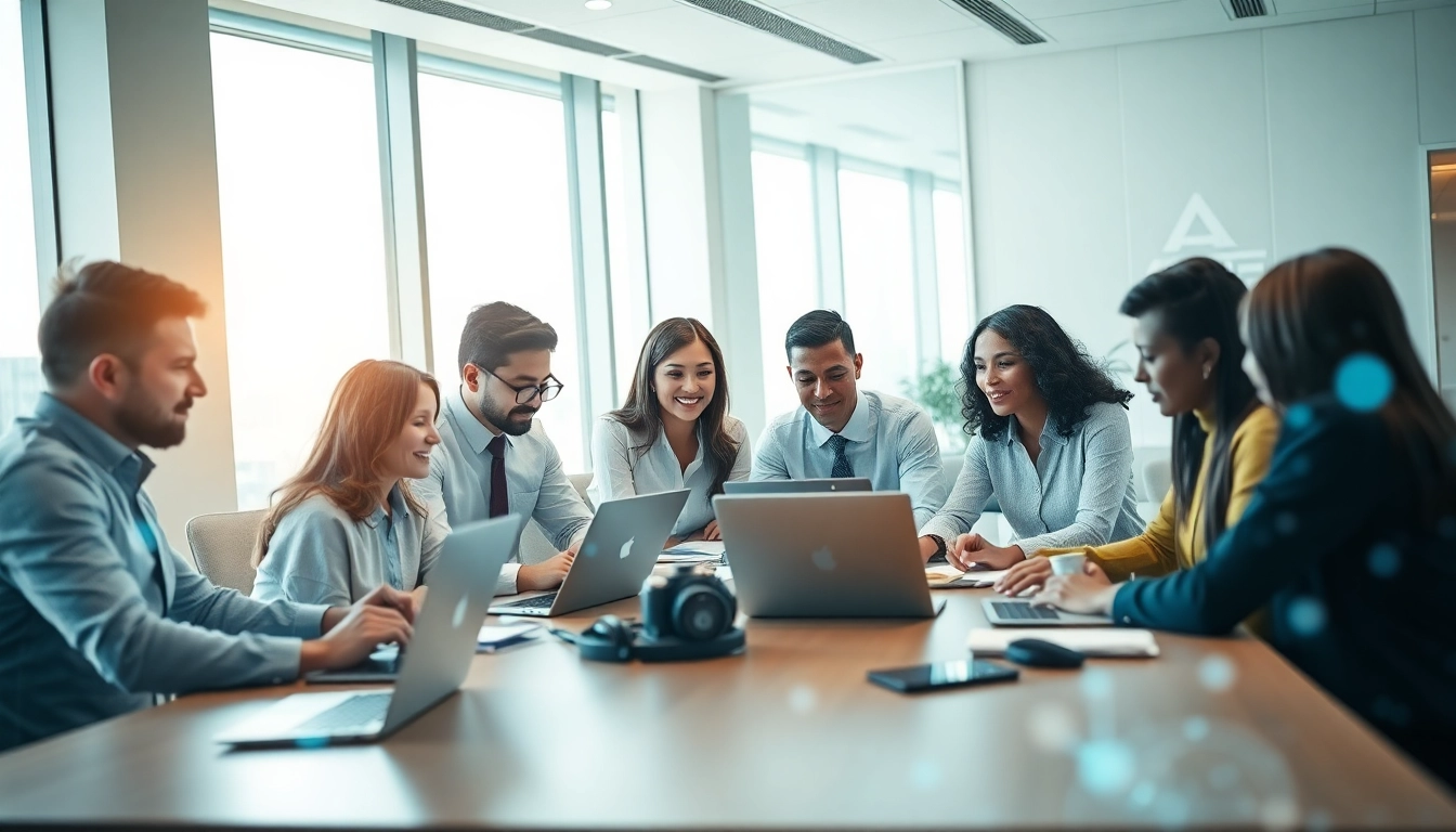 快连官网: Professionals collaborating on technology in a bright office, emphasizing global network acceleration.