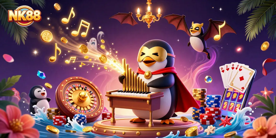 Engage with NK88 as a penguin plays the organ, showering players with golden coins.