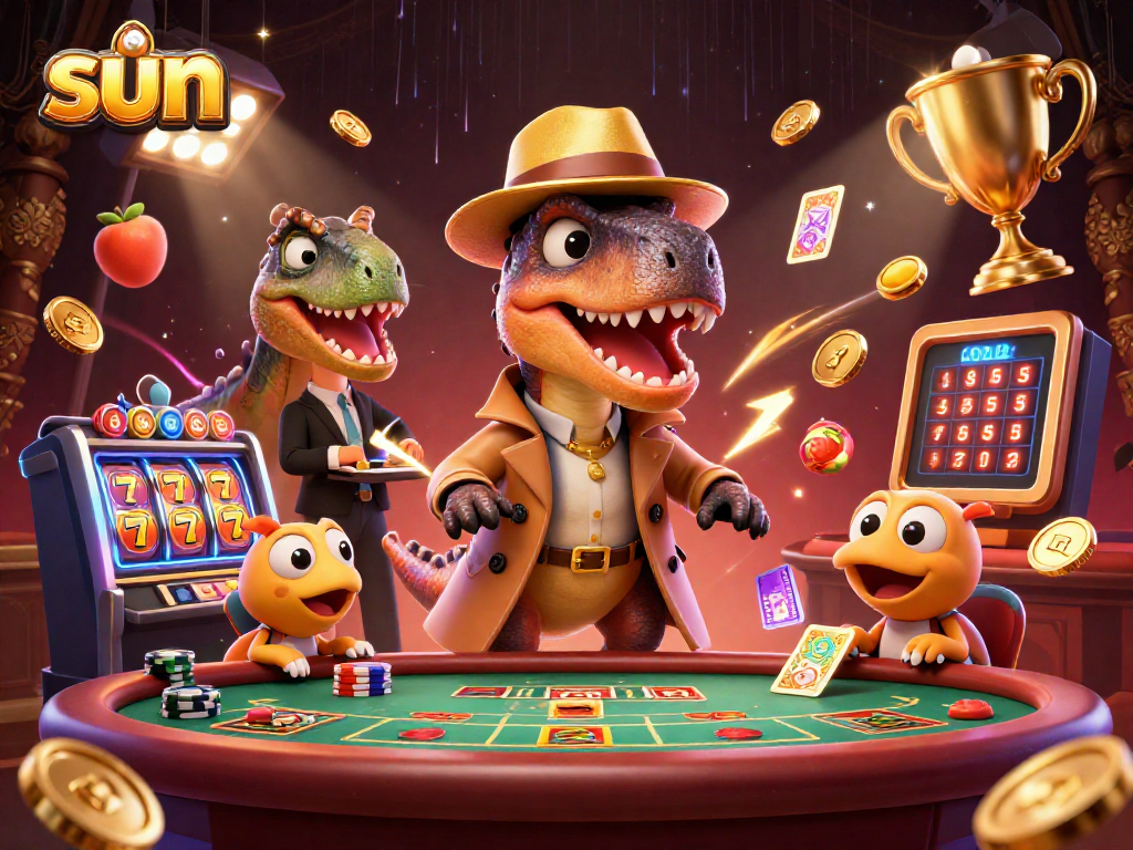 Sun-themed casino scene with a velociraptor card counter at a blackjack table amidst vibrant gaming elements.
