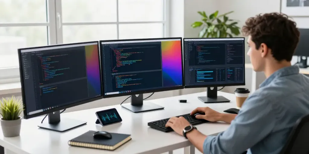 Dynamic workspace illustrating WordPress hosting with tech elements and vibrant atmosphere.