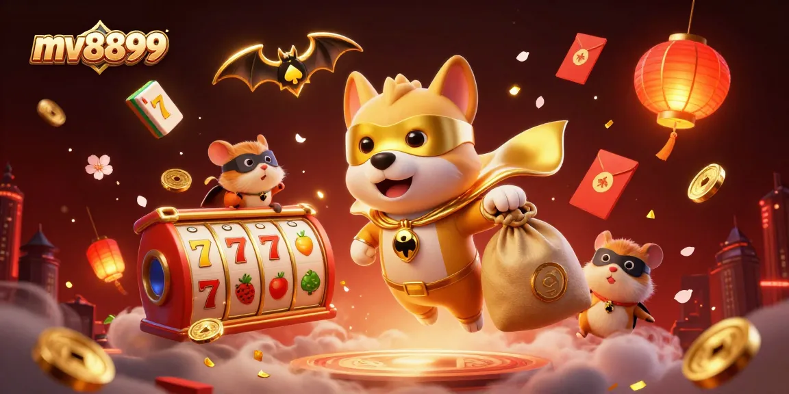 Experience thrilling rewards with mv8899 as a superhero dog flies over a dynamic casino scene.