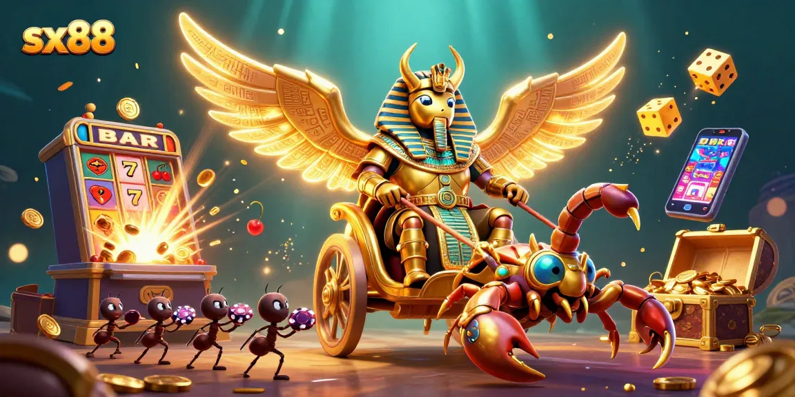 Sx88 brings excitement with a golden scarab chariot in a vibrant casino scene