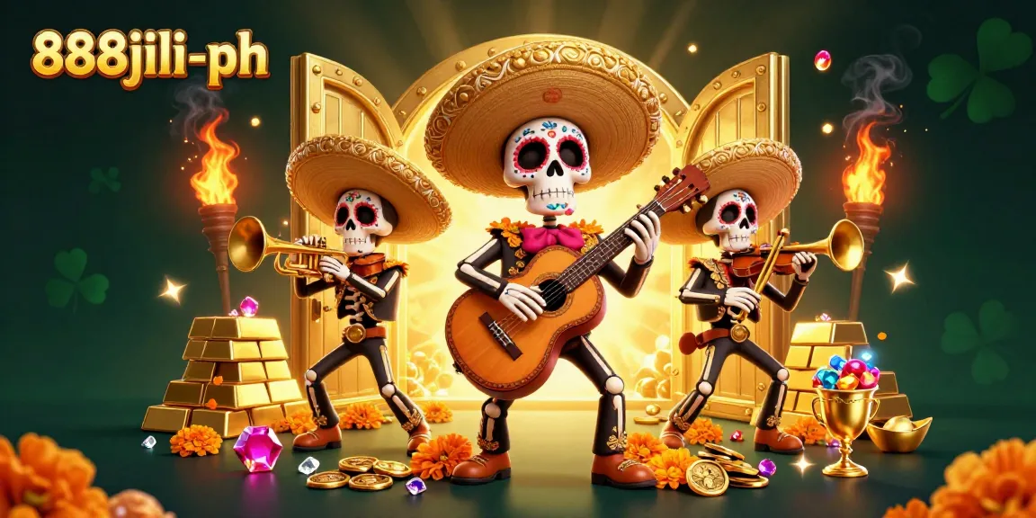 Experience the vibrant excitement of 888jili-ph with a lively mariachi band amidst treasure and casino elements.