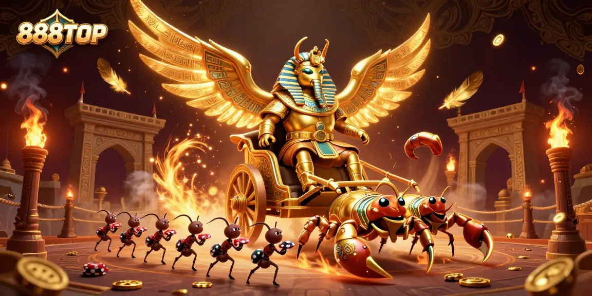 Experience thrilling gameplay at 888TOP with a vibrant illustration featuring golden elements and poker chips.