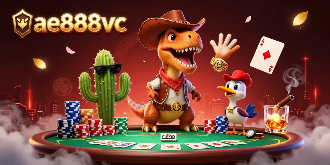 Engage with ae888vc in a vibrant casino scene featuring characters like a T-Rex and interactive gaming elements.