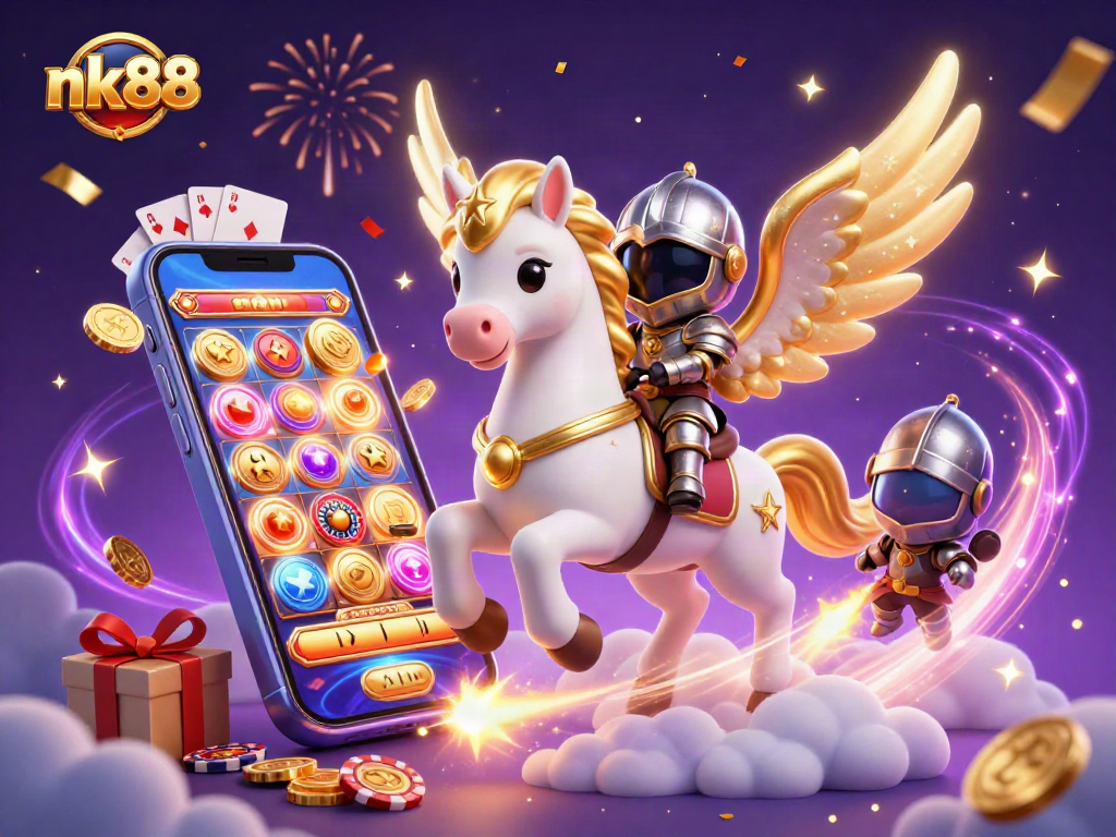 Experience excitement with nk88 as a celestial knight rides a magical horse through a casino wonderland.