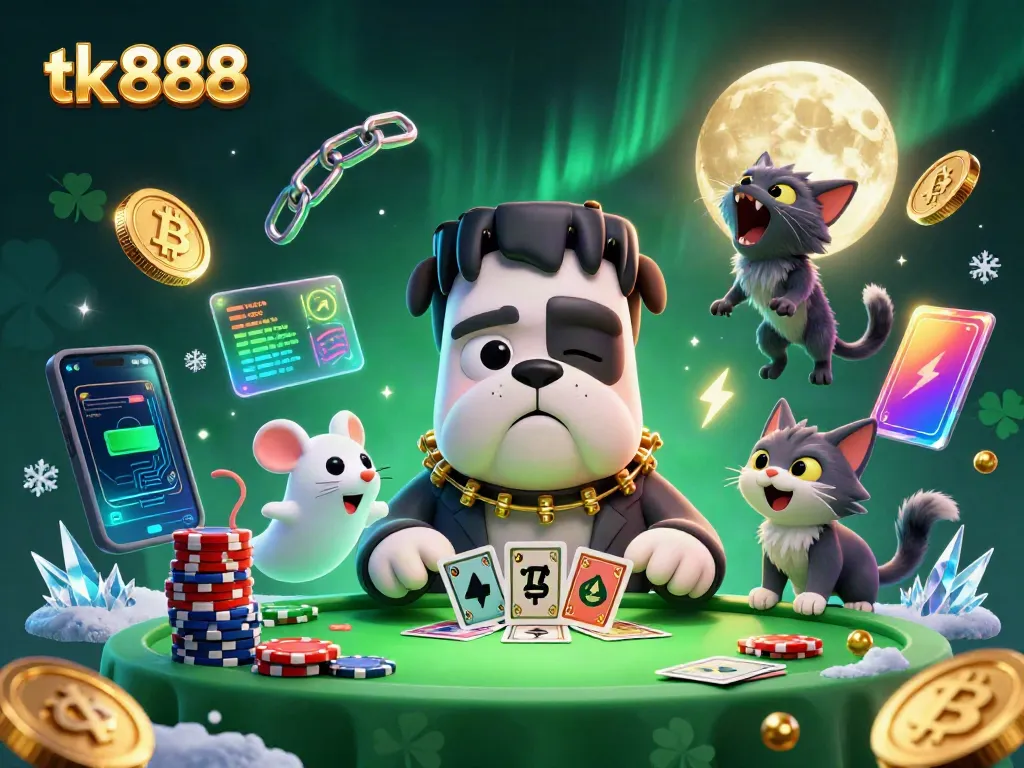 Engage in thrilling card games with tk 888 at a spooky casino table featuring vibrant characters and crypto elements.