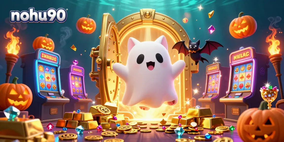 Nohu90 ghost cat and bat companion spinning the jackpot slots amidst glowing treasures in a whimsical casino atmosphere.