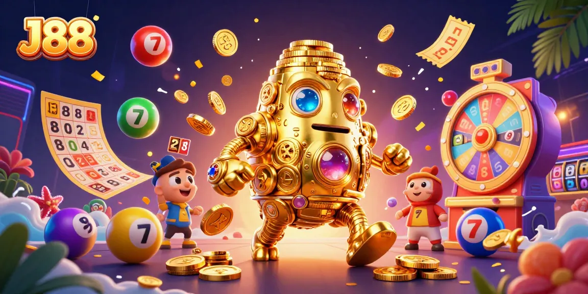 Spin slot reels with the dynamic J88 golden golem in an engaging casino scene.