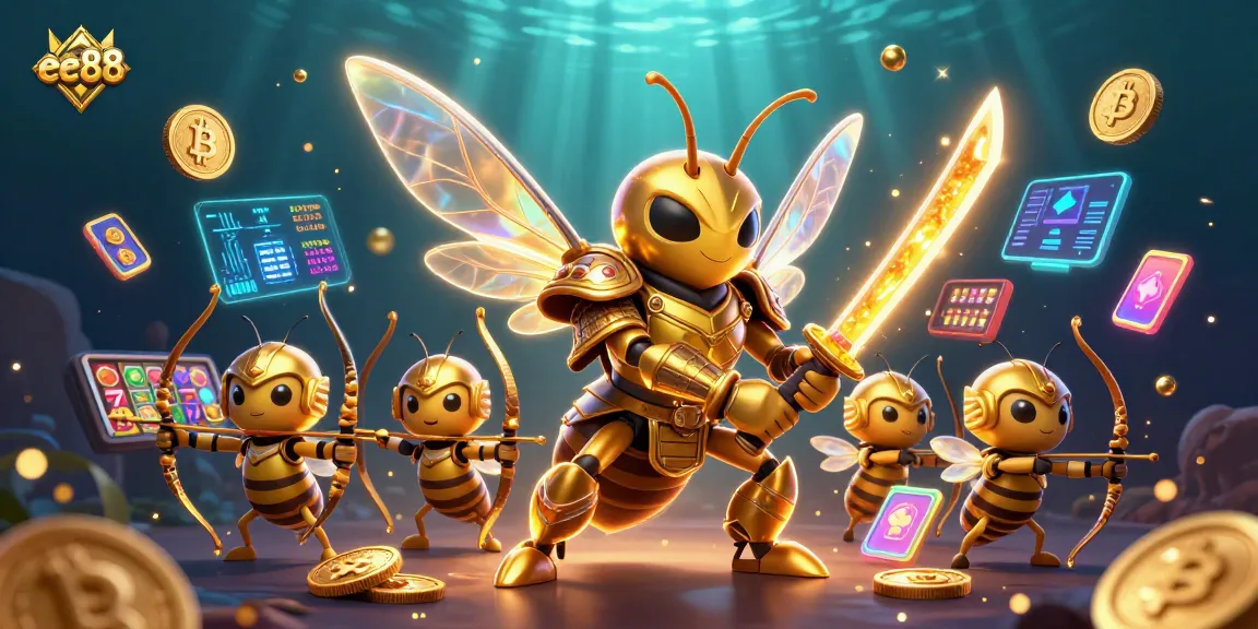 Join the excitement at ee88 with a vibrant 3D illustration of a dynamic casino scene featuring slot elements and crypto symbols.