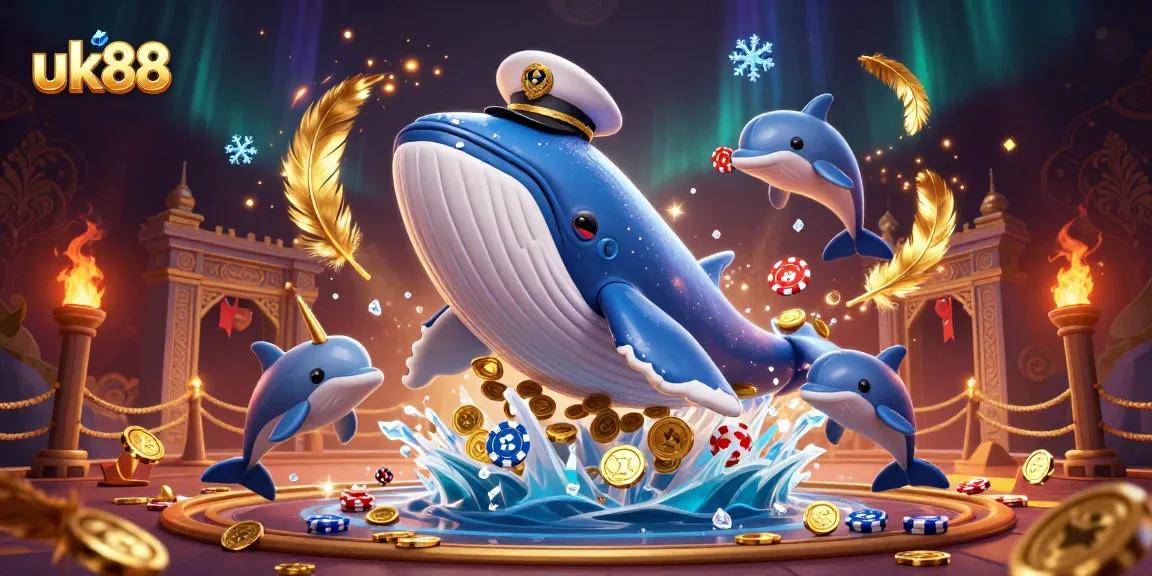 Experience the thrill of gaming at uk88 with playful dolphins, a commanding whale, and vibrant casino elements.