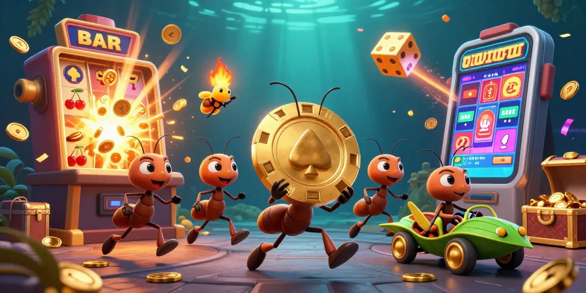 Take on 98's jackpot challenge as cartoon ants wisely maneuver through a colorful casino heist.