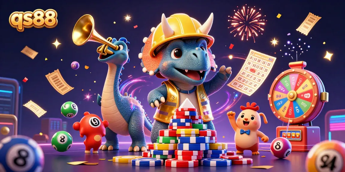 Experience thrilling games at qs88 with a vibrant 3D illustration of joyous characters celebrating wins.