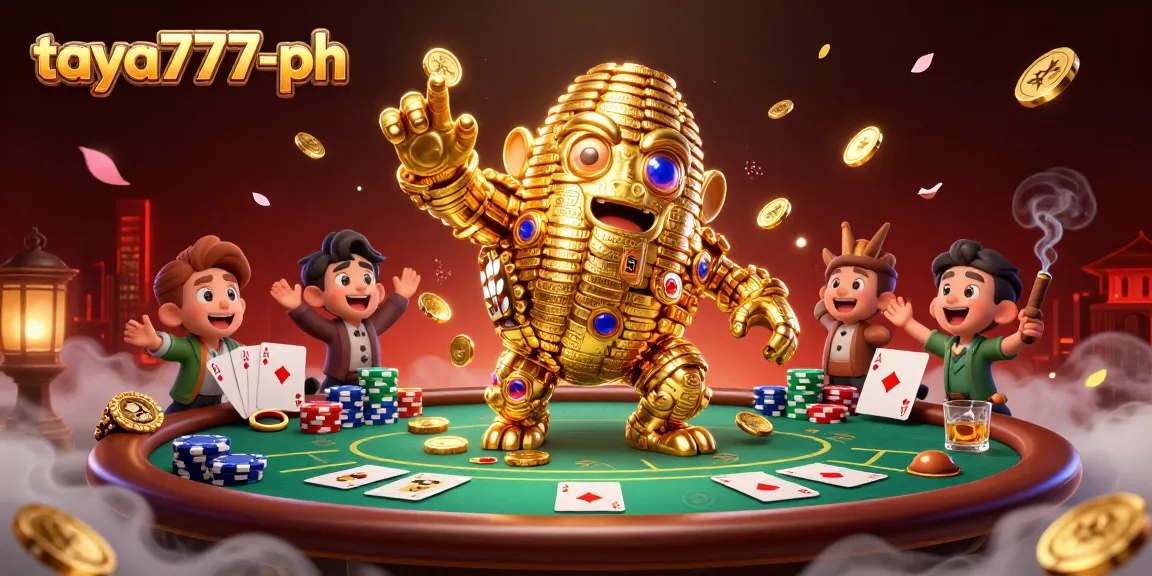 Experience excitement at taya777-ph with a golden golem and poker elements in a vibrant 3D casino scene.