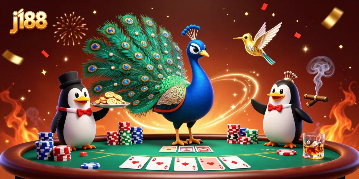 Experience the excitement of j188 with a vibrant scene of a peacock and poker elements.