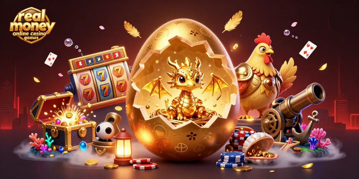 Experience real money online casino games with a golden dragon guarding treasures and slot reels.
